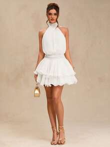 SHEIN BAE Apricot Color Tie-Neck Layered Ruffle Backless Elegant Mini Dress, Shiny Puff Graceful Vacation Bridesmaid Birthday Party Back To School/Graduation - White - View 7