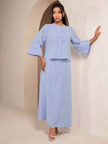 Veilorie Women's Casual Commuter Striped Shirt And Skirt 2 Pieces Set - Blue and White - View 3