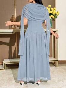 Modelyn Robe mi-longue élégante pour femmes avec encolure drapée froncée et taille cintrée, pour l'été - Bleu ciel - Voir 6