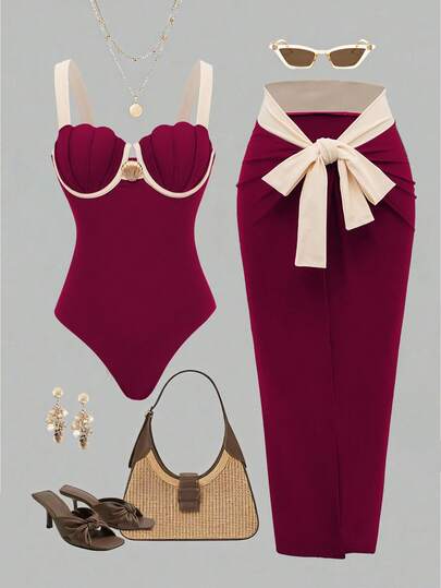 Swim Oasis Conjunto de 2 piezas de lujo para vacaciones en la playa, primavera/verano 2026, compuesto por una mochila casual con decoración de concha metálica de color contrastante y una falda larga con cordón en la cintura y una taza de concha adjunta