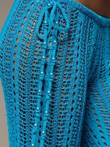 MUSERA Sequin Crochet Knit Low Rise Tie Side Straight Leg Trousers Pants Only Summer Vacation Holiday Festival Rave Beach Carnival - Blue - View 5