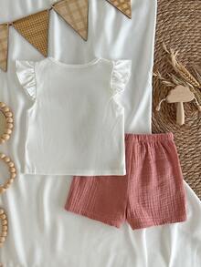 Loomiva Baby Girl Tulip Print Soft Knit Round Neck Short Sleeve Top And Elastic Waist Shorts 2 Pieces Set - Multicolor - View 2