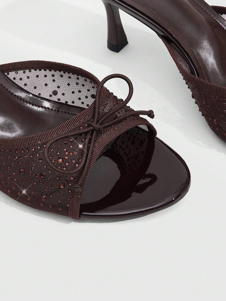 CUCCOO SZL Women Shoes Spring And Summer New Brown Light Mesh Rhinestone Bow Stiletto Sandals, Sexy Dinner Party Nightclub Wear
