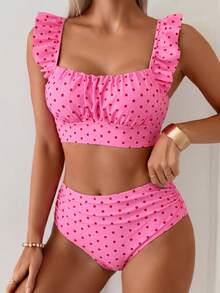 Swim Basics Bộ đồ đi biển mùa hè dành cho nữ, kiểu dáng thanh lịch tối giản, màu đen trắng chấm bi, gồm áo hai dây xếp ly phía trước và quần tam giác cạp cao xếp ly. - Nhiều màu - Xem 3