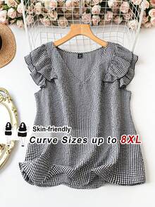 SHEIN CURVE+ 大码女士休闲波点印花荷叶边V领衬衫，夏季 - 黑與白 - 查看 1