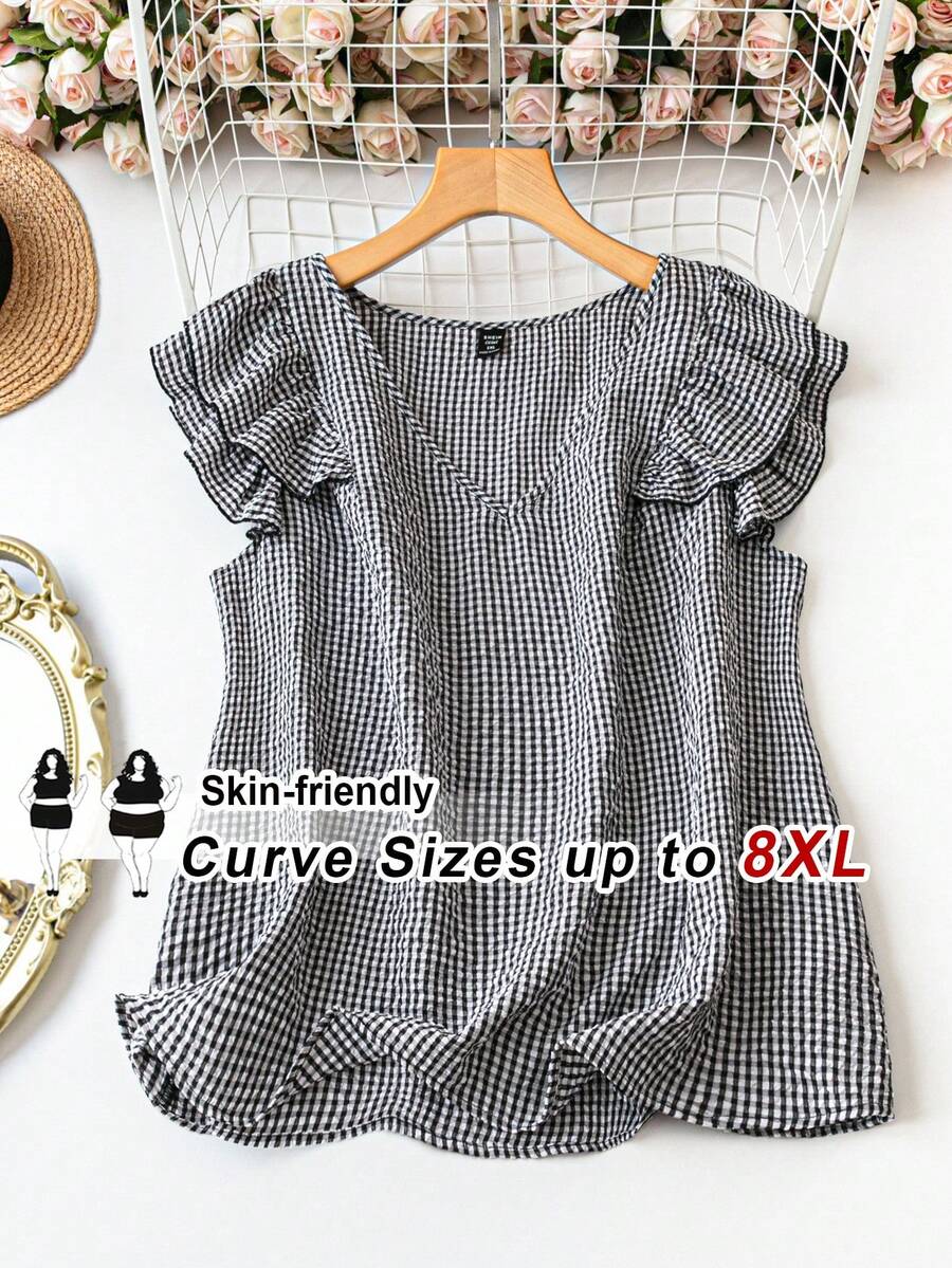 SHEIN CURVE+ 大码女士休闲波点印花荷叶边V领衬衫,夏季 - 黑與白 - 查看 1