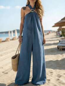 SHEIN PariChic Bộ jumpsuit nữ dáng rộng ống rộng, cổ yếm, chất liệu giả vải lanh, kiểu dáng nghỉ mát. - Màu xanh lam - Xem 4