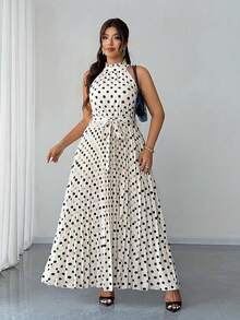 Elenzga Vestido maxi elegante y romántico con lunares para mujer de talla grande, con cuello halter y pliegues fluidos, adecuado para ir a trabajar, citas, bodas, graduaciones y otras ocasiones, primavera/verano - Blanco y Negro - Ver 6