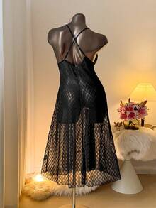 Auralis Camicia da notte in rete trasparente con decorazione a losanghe e gemme, sexy, taglie forti per donne - nero - Visualizzare 3