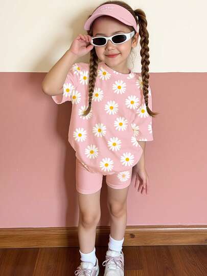 SHEIN Jeunes filles Doux rose mat, imprimé floral bohème mignon et doux, marguerite, floral, jeune fille décontractée confortable souple ample col rond manches courtes T-shirt et leggings courts serrés 5 minutes, convient pour le port quotidien, la maison, les vacances, les jours fériés, les vibrations printanières, les vibrations estivales, les tenues de printemps et d'été