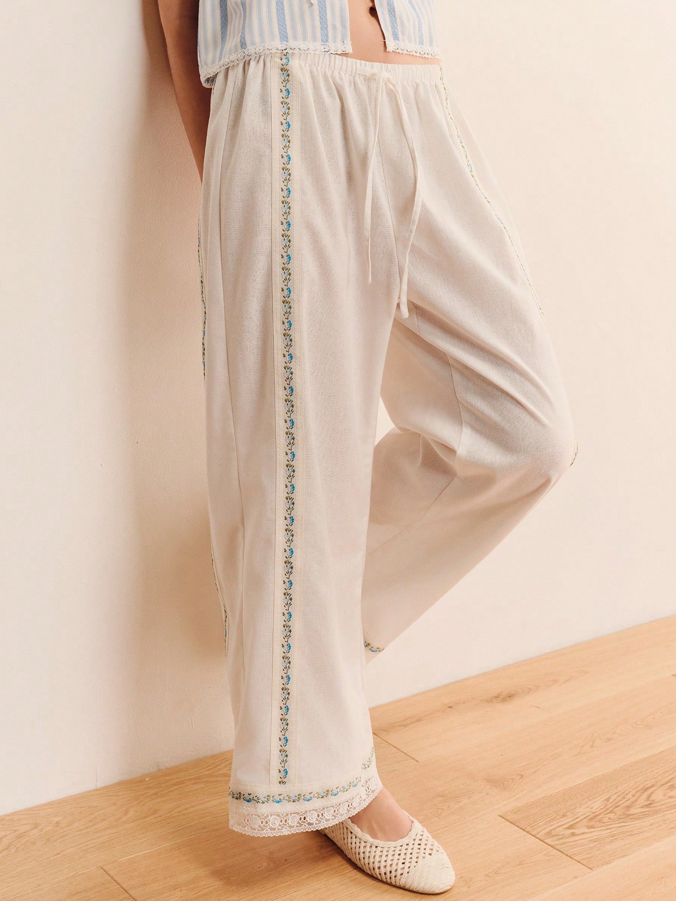 White Linen Loose Fit Summer Trouser With Blue Embroidery Panel Detail Boho Cute Spring Summerfrench Style Casual Pants Holiday Pants Vacation Pants