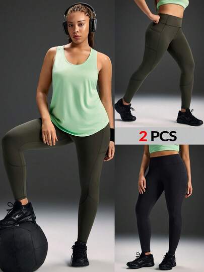Powerista 2件套加大码女士运动紧身裤/长裤，黑色和深绿色