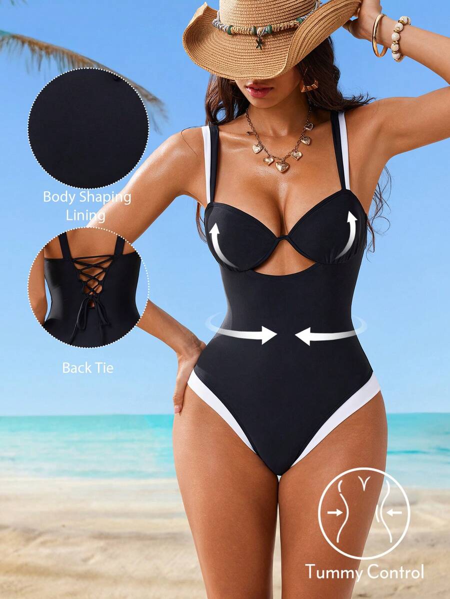 Shapewave 女士撞色滚边镂空系带连体泳衣 - 卡其色 - 查看 1