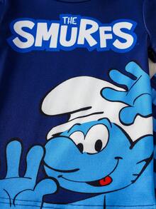 SHEIN X The Smurfs 2件套男童圆领短袖T恤和条纹裤套装 - 藍白色 - 查看 4
