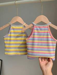 2pcs/Set Young Girl Knitted Striped Ice Cream Graphic Vest Top - Multicolor - View 3