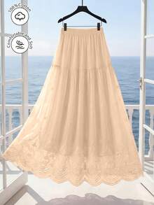 Modelyn Elastic Waist Eyelet Embroidery Skirt For Women, Spring/Summer - Orange - View 1
