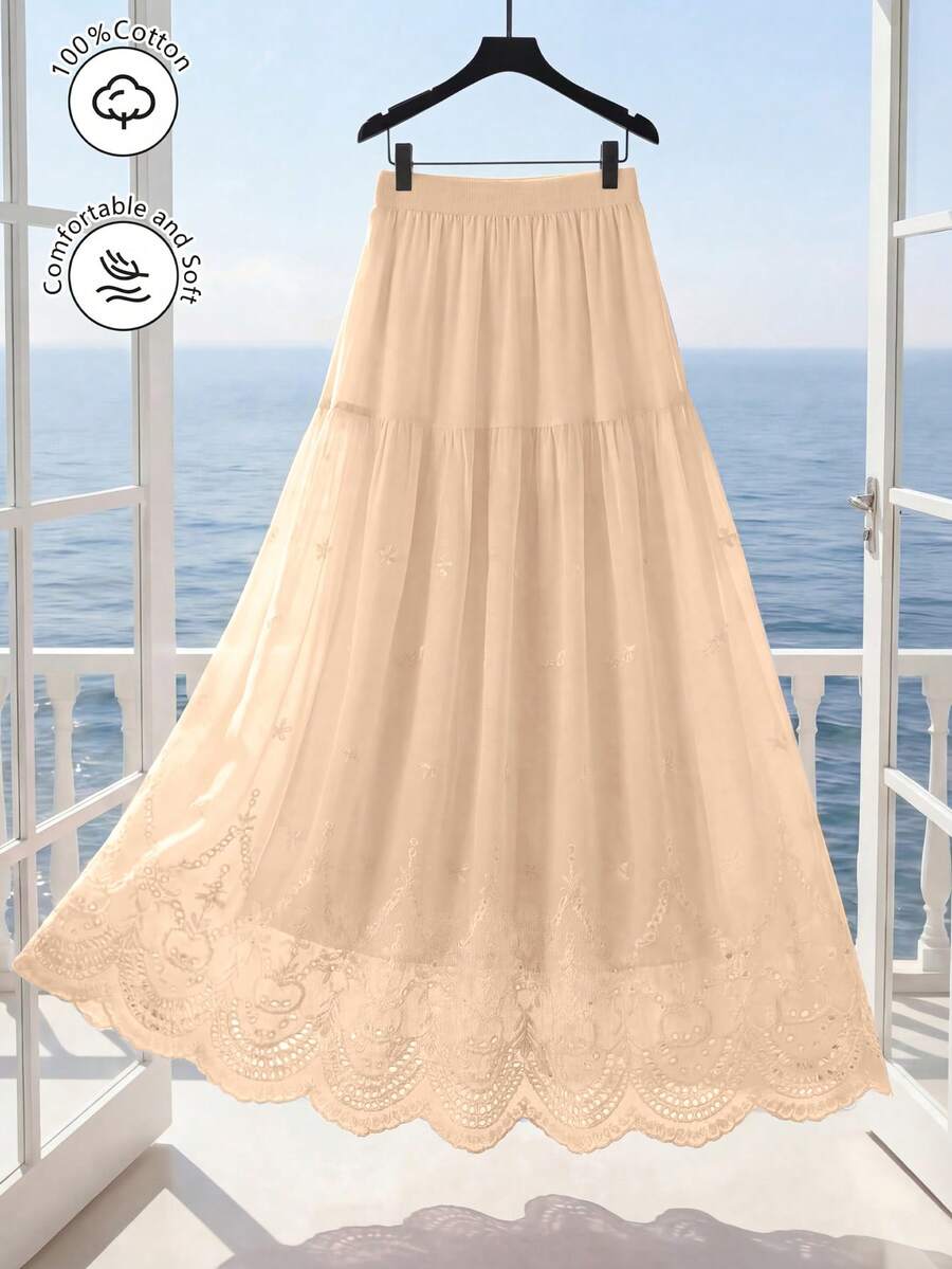 Modelyn Elastic Waist Eyelet Embroidery Skirt For Women, Spring/Summer - Orange - View 1