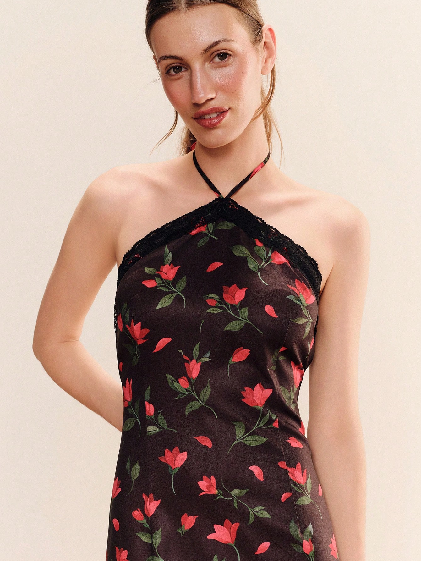 Black Floral Midi Dress With Lace Trimmed Halter Neck Spring Summer Elegant Feminine Black Dress Halter Neck Dress Holiday Dress French Style Dress Evening Dress