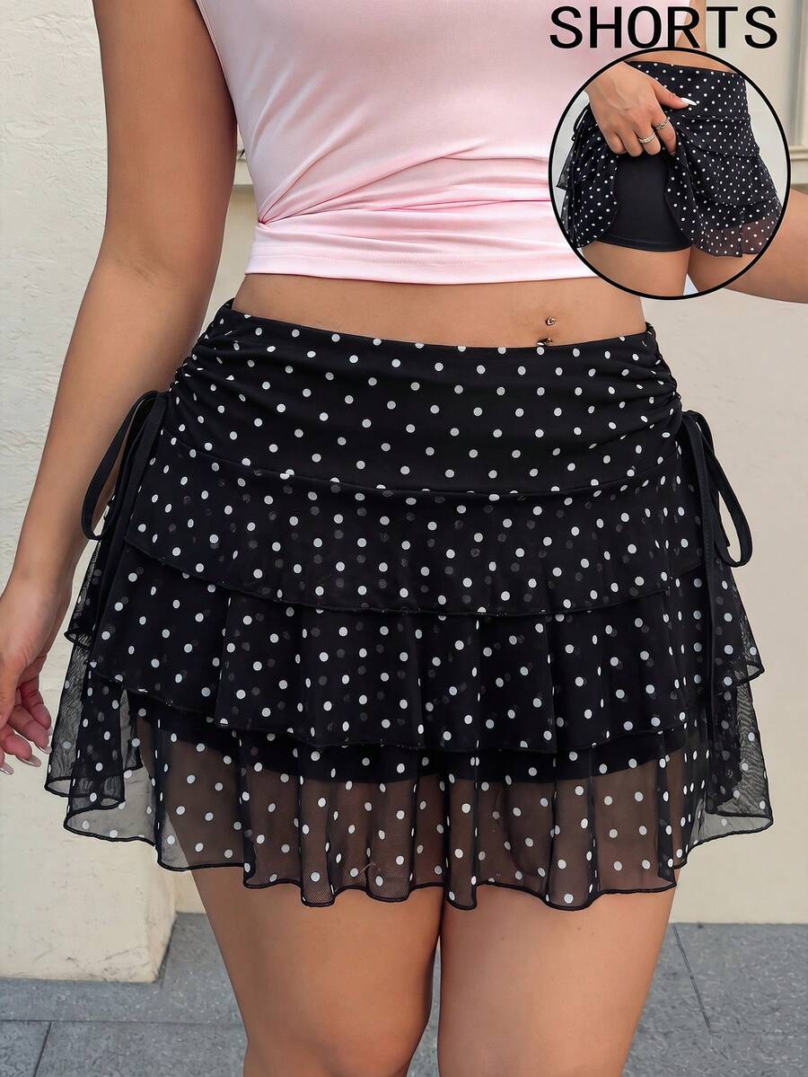 GalTyme Plus Size Black Polka Dot Casual Versatile Ruffled Hem Skirt, Summer - Black - View 1