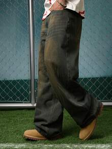 1pc Men's Fashionable Loose Vintage Washed Wide-Leg Casual Jeans (No Belt Or Accessories) - Bronze - View 6