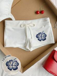 Comfortcana 女士休闲简约蓝白芙蓉3D立体印花白色抽绳修身短裤 - 夏季沙滩装及海边度假装，舒适春夏可爱甜美风，清新波西米亚热带海岛度假及节日穿搭，适合约会、音乐节及春假 - 白色 - 查看 5