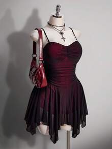 SHEIN ICON 大尺碼女款復古2000s/70s/90s哥德風黑色夏季夜店派對舞廳洋裝，Y2K網紗細肩帶修身不對稱下擺抓褶胸前設計 - 彩色 - 查看 4