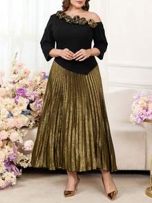 Gownix Plus Size Women's Elegant Formal Gym Brown Autumn Dress,Floral Decor Asymmetrical Patchwork Pleated Luxury Evening Party Wedding Guest Outfits - Multicolor - View 9
