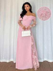 Elenzga Đầm dài tay trễ vai phối lưới thời trang và trang nhã dành cho nữ, thích hợp cho các bữa tiệc và hẹn hò. - Hồng - Xem 1