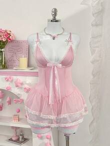 PetitDoll 4件套女士性感芭蕾蕾丝网纱蛋糕裙睡衣套装 - 粉色 - 查看 1
