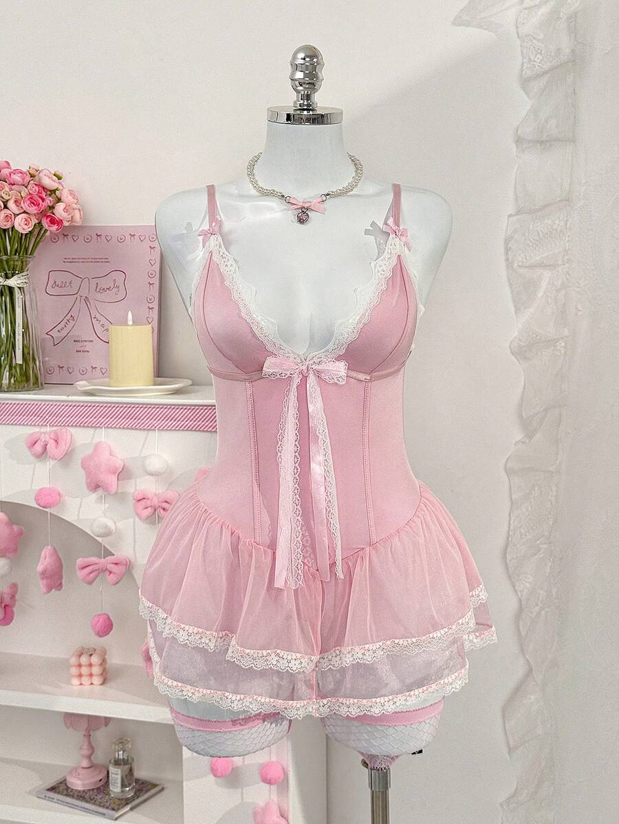 PetitDoll 4件套女士性感芭蕾蕾丝网纱蛋糕裙睡衣套装 - 粉色 - 查看 1