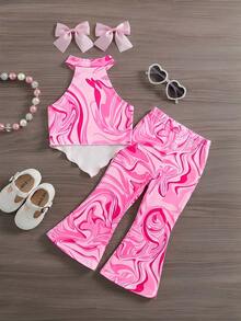 Bộ 2 món cho bé gái, kiểu dáng thường ngày, màu hồng in hoa, áo croptop cổ yếm và quần ống loe. - Hồng - Xem 3
