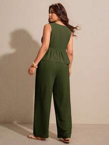 Elaquor Plus Size Summer Casual Solid Color V-Neck Tie-Waist Tank Top And Pants 2-Piece Set - Army Green - View 2