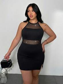 Firerie Plus Size Women's Solid Color Mesh Patchwork Rhinestone Decor Halter Neck Dress Club Outfits For Women Party Black Graduation Wedding Guest - Black - View 2