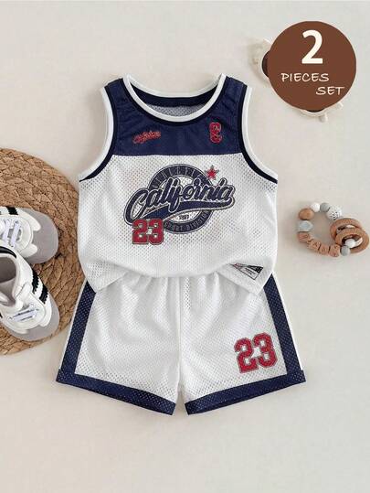 LMoss Kids Bộ 2 món áo ba lỗ cổ tròn in chữ và quần short cho bé trai
