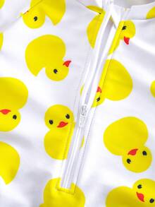 SHEIN Newborn Baby Cartoon Print Long Sleeve Rash Guard & Swim Cap Set, Suitable For Summer Vacation & Beach - Yellow - View 6