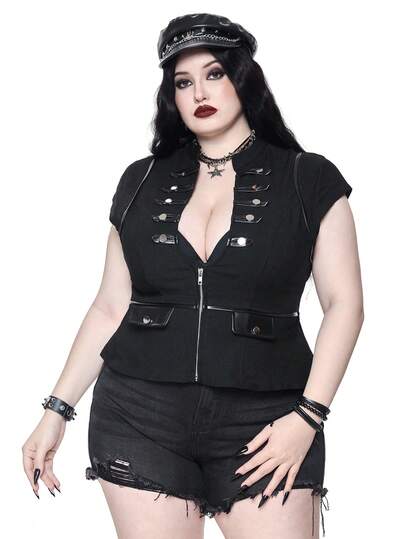 ROMWE Grunge Punk Summer Outfits Punk Style Deep V-Neck Fitted Plus Size Women Shirt With Metal Buckle Design
