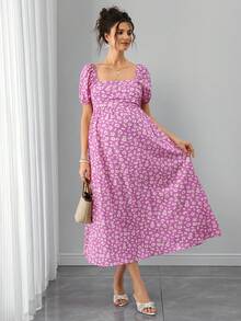 Momance 时尚方领短袖褶皱雏菊印花孕妇连衣裙 - 粉色 - 查看 6