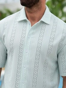VENTUSAIL 男士单排扣镂空短袖衬衫，适合日常穿着，是送给男友或丈夫的理想礼物 - 藍色 - 查看 7