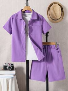 SHEIN Tween Boy Solid Color Short Sleeve Pocket Shirt And Shorts Casual Outfit - Purple - View 5