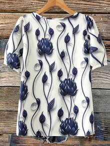 SHEIN Women's Floral Print Elegant Granny Blouse, V-Neck Short Sleeve Slim Fit Shirt, Suitable For Spring/Summer Outfits - Multicolor - View 2