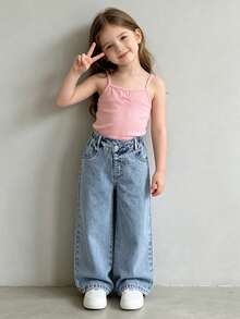 SHEIN Elladie kids Young Girls' Casual Jeans,Back-To-School Light Blue Vintage Distressed Denim,Elastic Waist Asymmetric Design,Bow Embroidered Pocket Straight Leg Pants - Light Wash - View 9