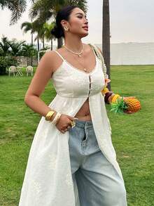 Dazy Plus Plus Size Solid Color Maxi Length Split Textured Embroidered Fabric Elegant Summer Vacation Camisole Top - White - View 4