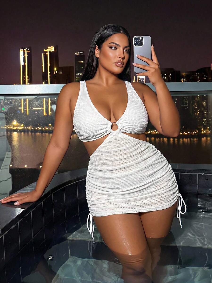 Swim Vcay Plus Size 2-Piece White Textured Mesh Bikini Set, V-Neck Hollow Design Swimwear,Front Ring Decor,Drawstring Ruffle Hem,Summer,Beach,Party,Vacation - White - View 1