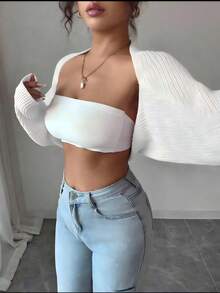 SHEIN ChicEase كارديجان قصير بأكمام خفاشية بلون موحد للنساء بمقاسات كبيرة، كاجوال للعطلات والتنقل في الربيع/الخريف، بتصميم بسيط وعملي للشتاء - أبيض - مشاهدة 4