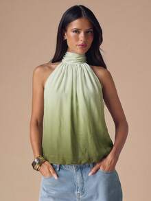 SHEIN BAE Summer Green Gradient Floral Print Halter Top With Backless And Off-Shoulder Neckline For Women, Perfect Music Festival Or Beach Vacation,Summer - Green - View 3