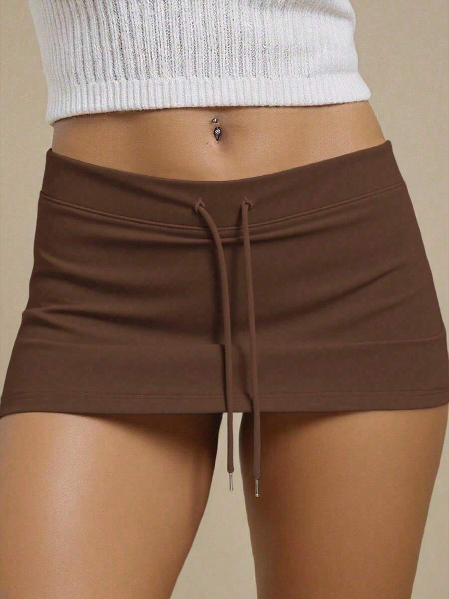 Quần short cơ bản cạp thấp có dây rút dành cho nữ - màu nâu - Xem 1