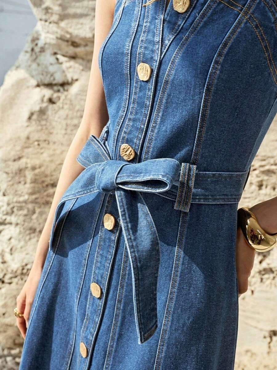 MOTF PREMIUM WOMEN'S BUTTON UP BELTED DENIM DRESS - Medium Wash - View 2