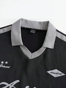 NORVETH 男士休闲日常字母图案短袖 Polo 衫，夏季 - 黑色 - 查看 5