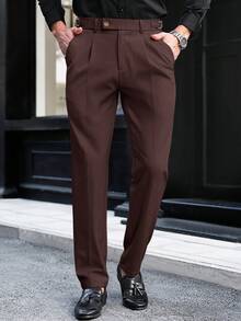 Manfinity Mode Men's Casual Business Commute Slant Pocket Folding Pleated Long Pants - Burgundy - View 3