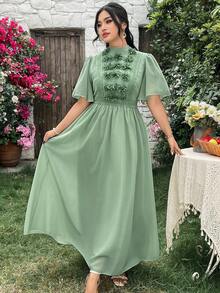 Modelyn Đầm maxi thanh lịch, lãng mạn, tay bồng bằng vải chiffon màu xanh lá cây, họa tiết hoa, dành cho phụ nữ cỡ lớn. - màu xanh lá - Xem 3